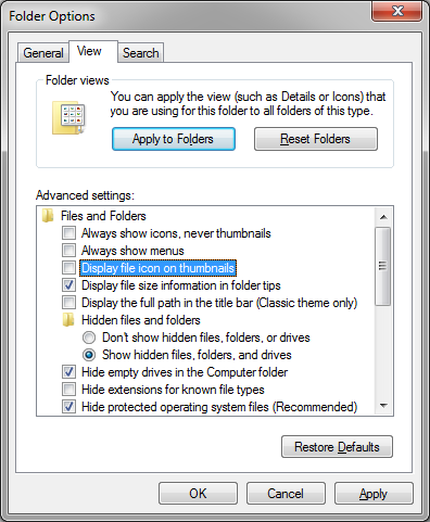 Windows 7 Explorer options for thumbnails